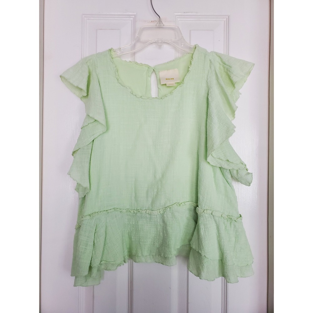 Maeve Anthropologie Blouse Green Ruffle Flutter Sleeve Peplum Boho Large - Picture 2 of 9